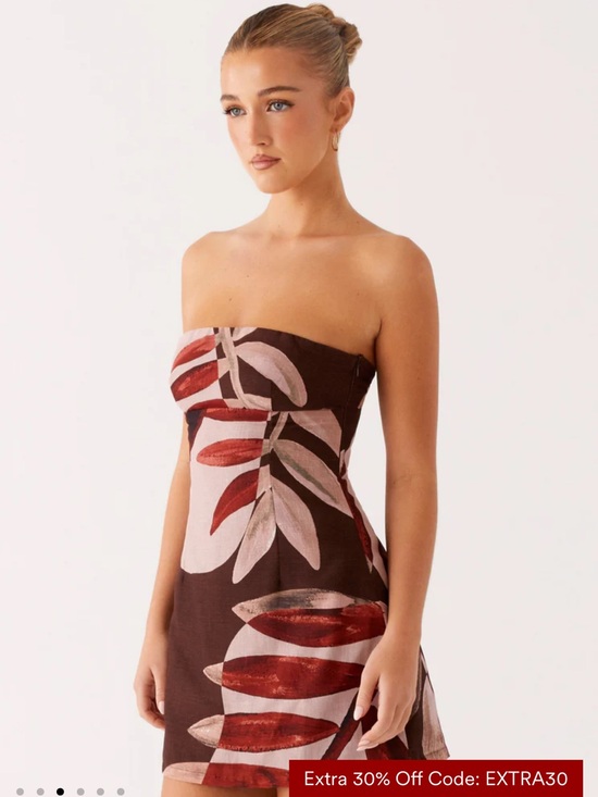 Peppermayo Dresses & Skirts - Peppermayo Strapless Brown Floral Print Midi Dress with Pink and Red Leaves